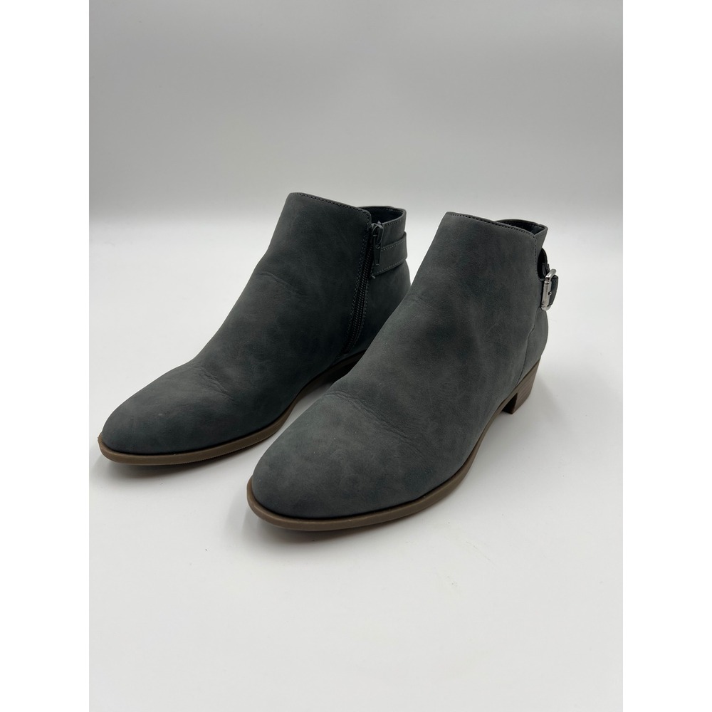 St Johns Bay Rayford Womens 8.5M Gray Faux Suede Ankle Boots Buckle Detail